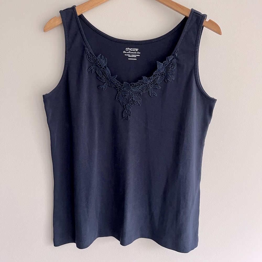 Chico's Navy Blue Embroidered Trim Tank Top size L